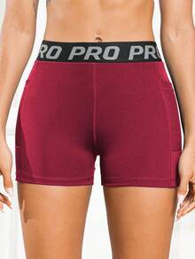 High Waist Women's Yoga Shorts With Tummy Control - Letter Graphic Butt Lifting Gym Activewear With Mesh Pocket - Burgundy - View 4