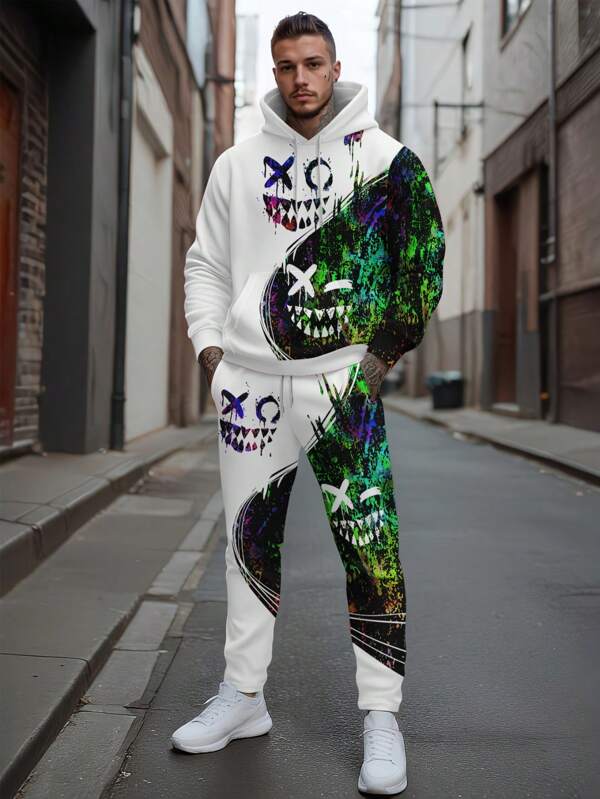 Set de îmbrăcăminte casual cu imprimeu pentru bărbați - Set de haine casual pentru bărbați cu hanorac cu buzunar și pantaloni sport, cadou cool de Halloween pentru el