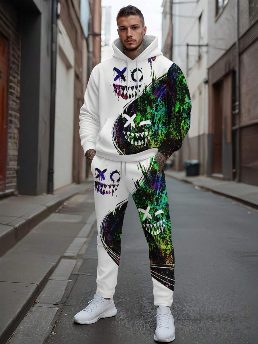 Conjunto de ropa casual con estampado para hombres - Sudadera con capucha casual de calle con bolsillo y pantalones deportivos, regalo de Halloween genial para él, ropa de otoño