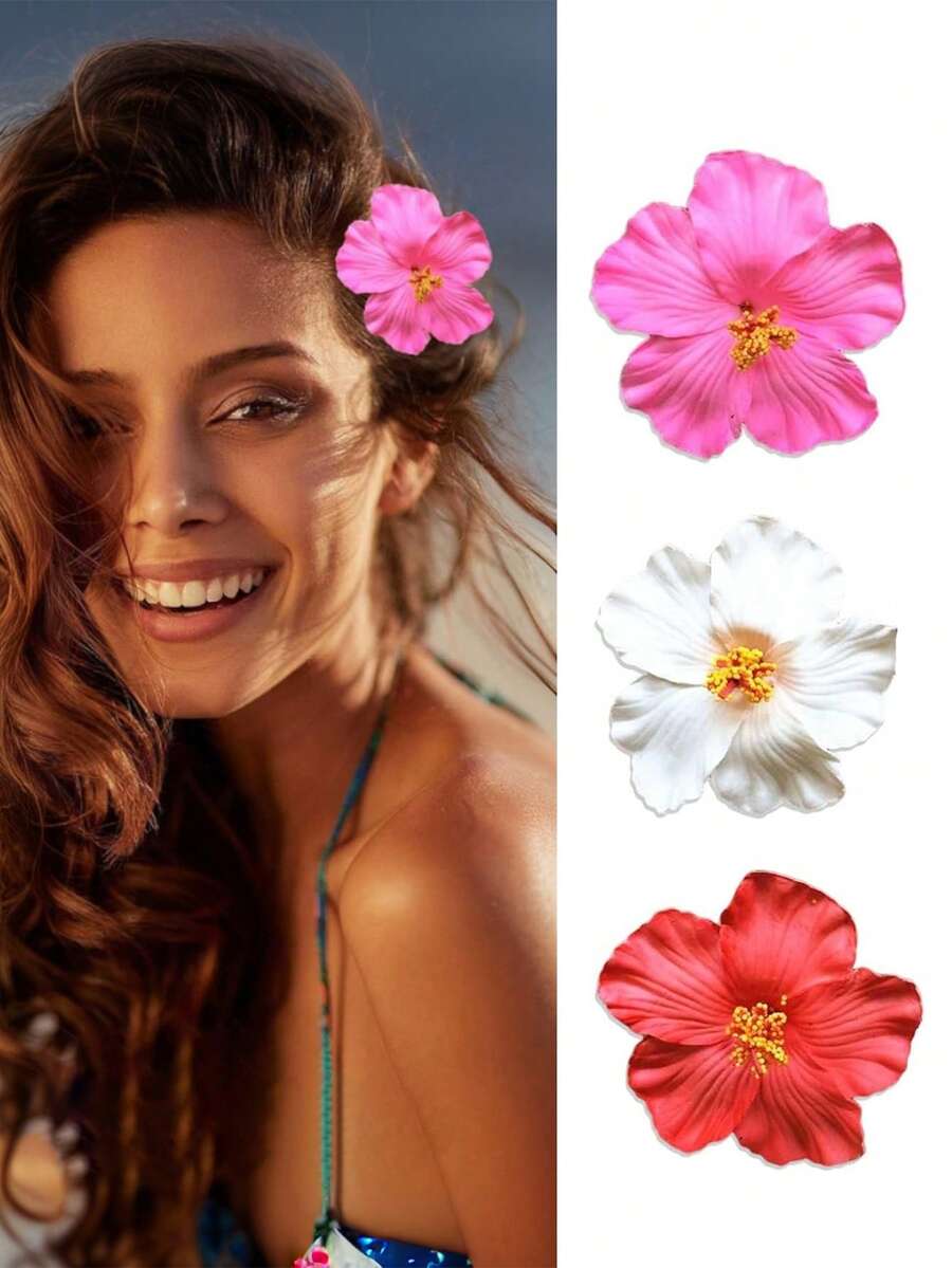 3件套夏威夷花朵发夹，女士芙蓉花和莲花发夹，时尚人造花发夹，夏季假日海滩派对发饰，波西米亚风格，优雅女士发夹，夏季女士发饰，发夹，海滩拍照道具，情人节礼物，发爪，发夹，头部饰品，发卡