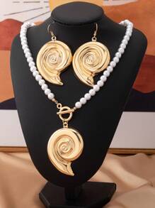 3pcs/Set Vintage Ocean Style Snail Shell Pendant Pearl Necklace & Earrings Set, Fashionable & Elegant For Vacation, Party And Daily Wear