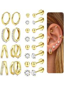 Milacolato Hypoallergenic Gold Stud Hoop Earrings For Women Men Surgical Stainless Steel Flat Back Earrings Small 14K Gold Huggie Hoops Cartilage Earring Set For Multiple Piercing Jewelry Gifts For Women - 彩色 - 查看 6