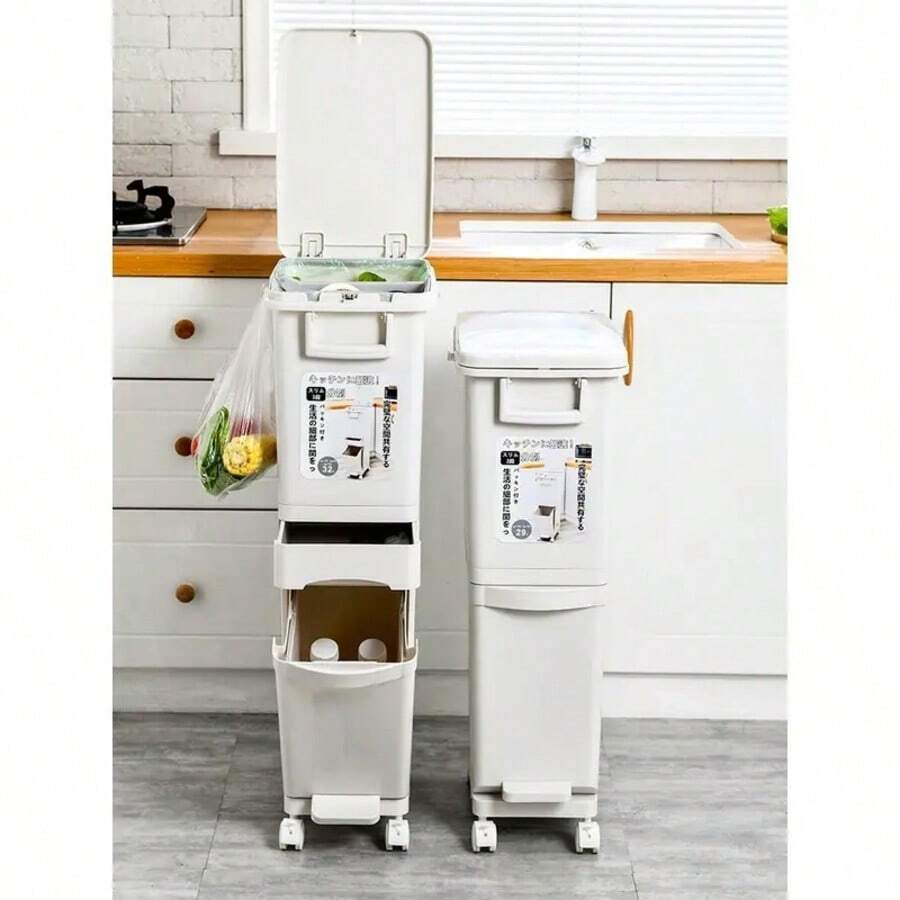 1pc 49L/32L Large Capacity Classified Trash Can, Multi-Tier Trash Can, Table Height Bin, Kitchen Household Rubbish Bin With Lid, Integrated Anti-Odor Dry & Wet Separation Classification Garbage Can, Kitchen Recycling Bin