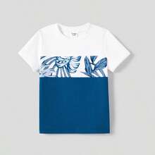 PatPat Family Matching Plant Print Splice Belted Tank Dresses And Color Block Short-Sleeve T-Shirts Sets - 藍色 - 查看 4