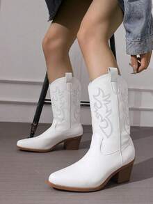 White Cowboy Boots Women Comfortable Retro Pull On Pointed Toe Wide Calf Long Chunky Heel Coastal Cowgirl Jaripeo Boots Country Concert Festival Shoes - 白色 - 查看 7