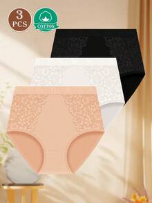 MEIYATING 3 件高腰塑身女士内裤，蕾丝花边三角内裤，控制腰部，柔软透气 - 彩色 - 查看 6