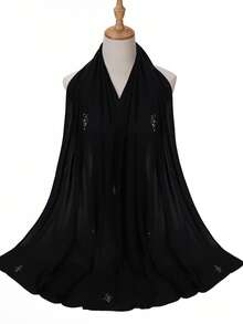 1件装女士针织弹力罗纹面料水钻珍珠穆斯林头巾围巾，适合搭配连衣裙 - 彩色 - 查看 11