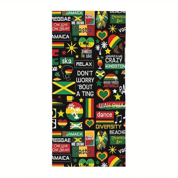 1pc Jamaica One Love Reggae Culture Beach Towel - Quick-Dry Soft Absorbent Polyester Blend With Vibrant Jamaican Symbols, Rastafarian Colors & Inspirational Phrases Beach, Pool, Camping, Surfing - Travel Essentials, Reggae Decor, Camping Gear, Rastafarian Flag Design