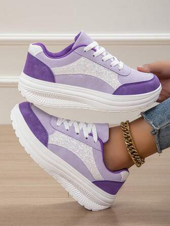 Spring/Autumn New Fashion Purple Women Shoes, PU Leather Patchwork Upper, Glitter Decor Lace-Up Platform Wedge Sneakers