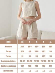 Conjunto mujer de 2 piezas: top sin mangas con cuello redondo y espalda descubierta + short mujer casual de moda - Caqui - Ver 7