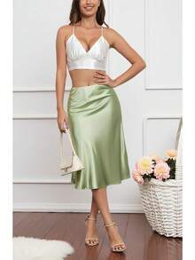High Waist Satin Midi Skirt With Elastic Waistband – Flared A-Line Stretchy Silk Skirt For Wedding, Party, Date, Office Wear | Plus Size Women's Comfort Fit 1212 - Light Green - 查看 4