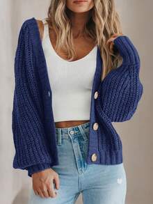 Women's Fall Chunky Knit Open Front Sweater Long Sleeve Button Loose Short Cardigan Outerwear Coats - 灰藍色 - 查看 5