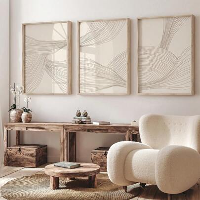 3 件套波西米亚风格米色线条艺术帆布墙面艺术套装，时尚主题无框水墨艺术印刷品，适用于家庭办公室、客厅、卧室装饰、室内肖像摆放，春夏季