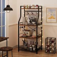 Techigher Kitchen Bakers Rack,Microwave Oven Stand,4-Tier Kitchen Storage Shelf Rack,Industrial Coffee Bar Station With Large Wire Basket,8 Hooks For Spice Pots Organizer - Brown - View 2