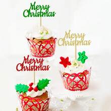 12/24 件圣诞快乐纸杯蛋糕装饰绿红金闪粉圣诞纸杯蛋糕装饰圣诞主题新年快乐派对蛋糕装饰品