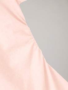 女士休闲修身蝴蝶结印花细节简约纯色褶裥圆领短袖连衣裙粉色夏季优雅 - 粉色 - 查看 3