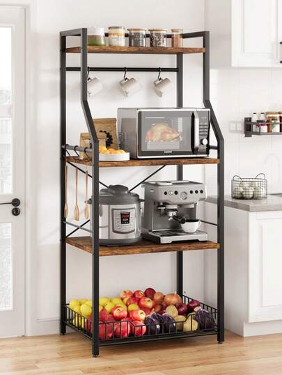 Estante de cocina para panadero, soporte para microondas con canasta de alambre grande, estación de café industrial, estante multiusos de 4 niveles con ganchos, estante para microondas para estación de trabajo organizadora de especias, marrón rústico