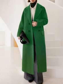 秋冬新款休闲女式羊毛混纺翻领长袖保暖通勤优雅长款大衣，时尚女式长款绿色双排扣呢大衣，翻领设计，双扣细节，秋冬完美之选