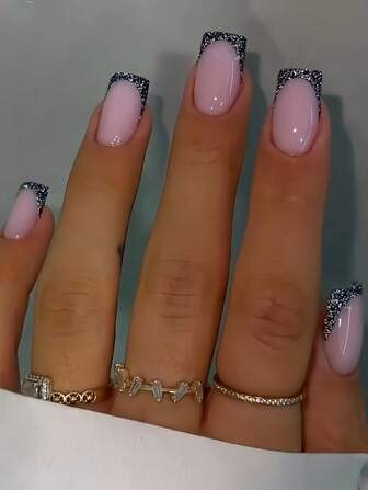 Add A Touch Of Romance With 24pcs Press On Nails Medium Square Elegant And Mysterious Black French Silver Glitter Press On Nails Full Coverage Fake Nail Tips For Women And Girls Includes 1sheet Adhesive Tabs & 1pc Mini File Suitable For Back To School Party Date And Office Daily Wear False Nails Jelly Glue Is Randomly Shipped