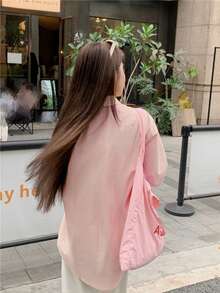 刺绣纽扣前襟春季新款韩版百搭蝴蝶结刺绣宽松休闲翻领长袖衬衫 - 粉色 - 查看 3