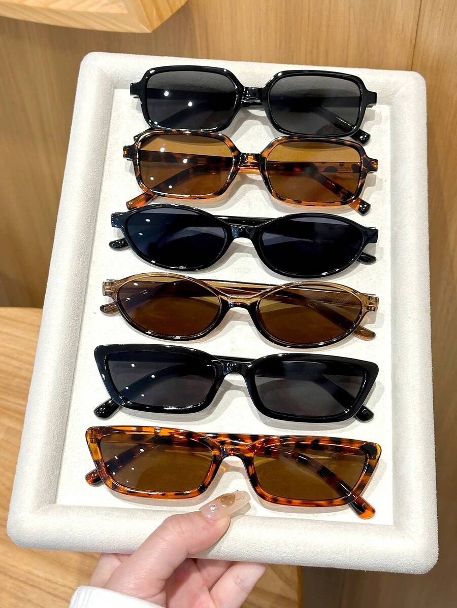 6pcs Plastic Multi-Color Leopard Print & Geometric Full Frame Decorative Elegant Fashion Glasses, Timeless, Suitable For Festivals, Clubs, Music Festivals, Street Photography, Vacation, Shopping, Outings, And An Ideal Fashion Accessory. - 6pcs 黑灰豆花茶深茶組合 - 查看 1