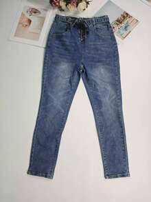 秋季高腰复古腰带紧身牛仔裤，适合日常休闲穿着 - 藍色 - 查看 5