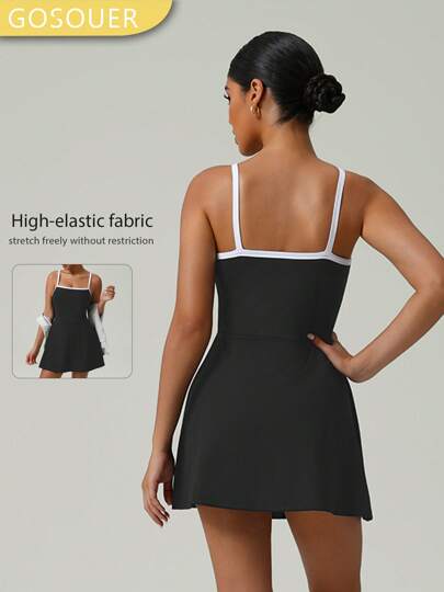 GOSOUER Women's Contrast Color Slim Suspender Casual Sports Dress Tennis Skirt
