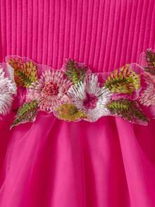 Baby Girls' Floral Embroidery Waist Ruffle Hem Long Sleeve Ribbed Mesh Princess Dress - Hot Pink - View 4