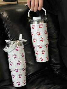 1pc30oz Red And Pink Bow Cherry Pattern Water Cup, Stainless Steel Insulated Coffee Cup, Double-Layer Protective Vacuum Water Bottle With Lid, Highly Attractive Outdoor Portable Coffee Cup, Perfect Christmas Gift, Portable And Reusable. - Multicolor - View 1