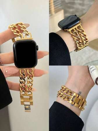 1pc Double-Row Metal Bracelet Strap, Compatible With The 40mm, 38mm, 41mm, 42mm, 44mm, 45mm, 46mm, And 49mm AppleWatch Series Ultra/10/9/8/7/6/5/4/3/2/1/SE, Suitable For Unisex Watch Bands, Metal Smart Watch Strap