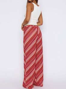 休闲日常条纹直筒裤 - 紅色 - 查看 4