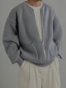 男士拉链开襟毛衣，宽松休闲简约百搭落肩纯色轻薄针织外套，秋冬款 - 灰色 - 查看 1