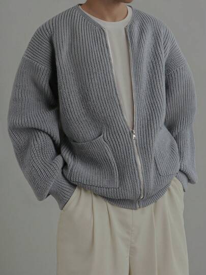 Men's Zip-Up Cardigan Sweater, Loose Casual Relaxed Minimalist Versatile Drop Shoulder Solid Color Lightweight Knit Jacket, Autumn/Winter