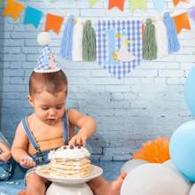 [INS Style Big Goose Theme] 1 Year Old Baby Birthday Party Decorations - Wooden Bead Tassel Garland + Cute Blue Birthday Hat, Boho Style 1st Birthday Party Props, Baby Photo Shoot Background Decor