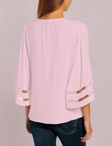 Women's Casual Blouse 3/4 Bell Sleeve Mesh Panel Loose Top, Fashionable VCAY - Pink Cradle Pink - View 3