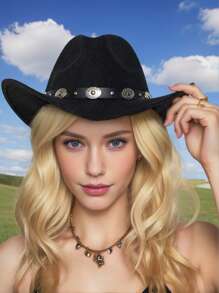 1pc Men's And Women's Detachable Metal Trimmed Western Cowboy Hat, Polyester Felt Hat, Lightweight And Unisex Fashion Hat For All Seasons, Suitable For Outdoor Activities, Party Gatherings, And Daily Wear