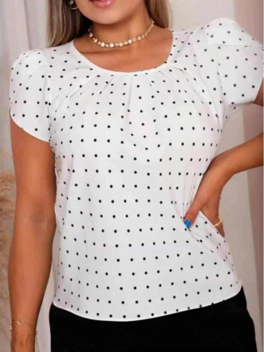 Blusa Feminina De Manga Tulipa Moda Evangelica - Branco poa - Visão 1