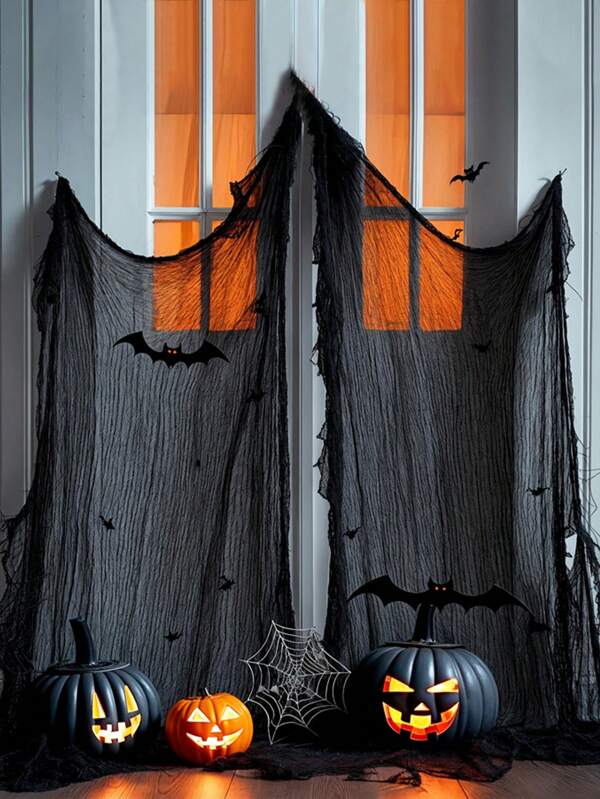 1pc Halloween Tattered Horror Gauze Curtain, Eerie Black/Bloody Gauze With Torn Edges, Suitable For Doors, Windows, Fireplaces, Halloween Party Decor, Haunted Houses And Outdoor Gothic Horror Atmosphere Home Decor Halloween Decor Room Decor