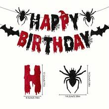 Banner Ulang Tahun Berkilau Merah Hitam - Dekorasi Pesta Ulang Tahun Bertema Kelelawar dan Laba-laba Halloween untuk Pesta Bertema Halloween - MultiWarna - View 5
