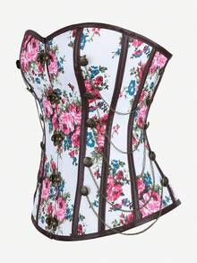 Steampunk Corset With Ditsy Floral & Chain Decor, Gothic Style Underbust Corset Bodice For Women, Outerwear For Stage Performance, Masquerade, Halloween'