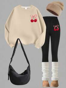 2pcs Set Girl Sweet And Cute Cherry Bow Print Sweatshirt Set, Soft And Skin - Friendly, Spring & Autumn Daily Streetwear - Apricot - View 2