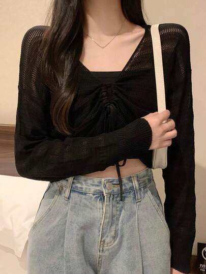 Hollow V-Neck Knit Cover Up, Lightweight Shawl Collar Drawstring Cover-Up Black