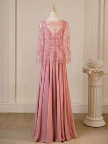 Glamorous Heavily Embroidered Floral V-Neck Sleeveless Dress With Shawl - Pink - View 3