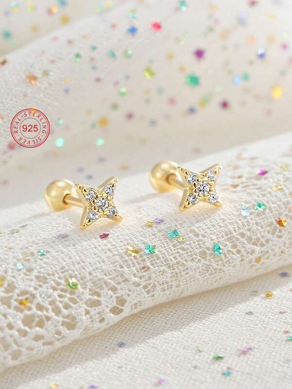 1 pieza Pendientes de botón de estrella de plata de ley 925 hipoalergénicos, incrustados con circonita cúbica brillante, con cierres espirales, empaquetado en caja de regalo, elegante y refinado, adecuado para uso diario u ocasiones festivas, regalo para niñas, amigas, vuelta al colegio