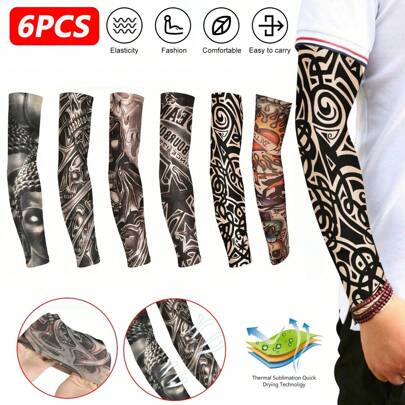 Mangas de tatuaje para hombres, 6 piezas de mangas de tatuajes falsos para cubrir los brazos, protección solar, mangas para cubrir los brazos para hombres y mujeres, mangas de enfriamiento de tatuajes, cubiertas de medias para el Body y los brazos, protección UV contra el sol