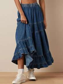 Women Denim Long Tiered Skirt Loose Solid Elastic Waist A-Line Casual Ruffle Jean Skirt Summer Streetwear - 深藍色 - 查看 2