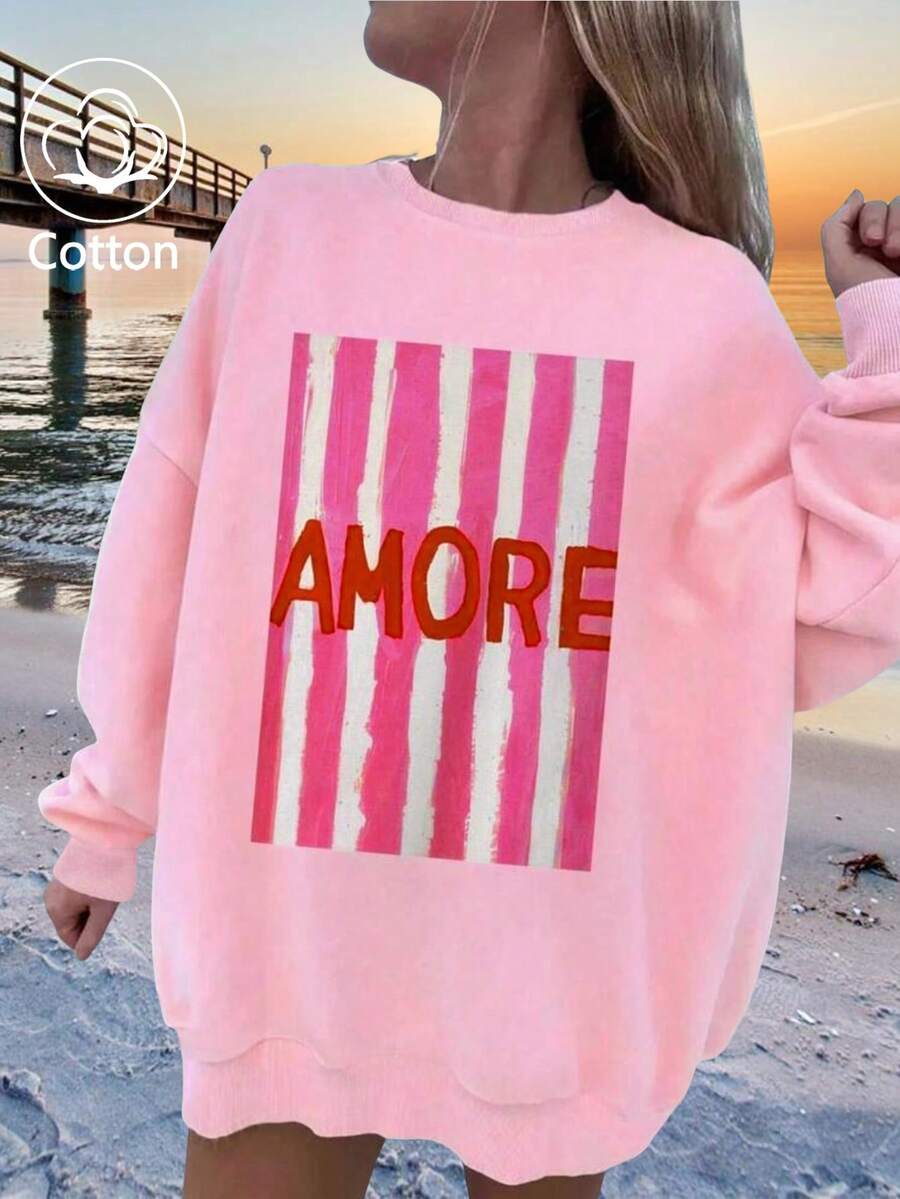 Love Mark English Pattern Print-, Women's Curve oversize Solid Color Crew Neck Sweatshirt, Cotton Women's Sweatshirt, Autumn Holiday Vacation, Suitable for Outdoor Sportswear, Autumn and Winter Home Daily Casual Women's Clothing, Long Sleeve Tops, Couple's Model, Suitable for Matching/Office/Home/Street/Girls/Children's Clothing/Couple's Model/Parenting/Couple's Model/Parenting/ - 多色1 - 查看 1