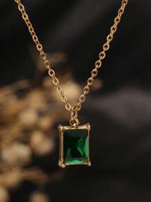 1件不锈钢长方形绿色锆石吊坠，人造玉石，适合女士参加派对和日常佩戴 - 金色 - 查看 7