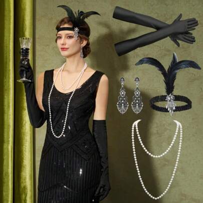 4pcs/Set 1920s Vintage Style Ladies Beaded Accessories With Headband Beaded Necklaces Earrings Gloves Elegant Sexy For Party, Prom Costume Accessories