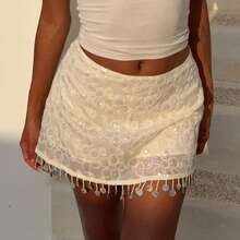 Sequin Mini Skirt For Women Summer Fashionable Versatile Solid Color Elegant Short Skirt Flower Embroidery A Line High Waist Pencil Skirts Bodycon Dance Party Clubwear - trắng - Xem 1